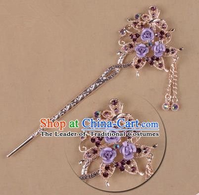 Top Grade Chinese Ancient Peking Opera Hair Accessories Diva Purple Crystal Flowers Hairpins Step Shake, Traditional Chinese Beijing Opera Hua Tan Hair Clasp Head-ornaments
