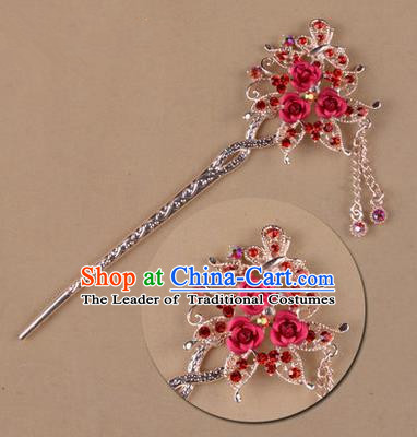 Top Grade Chinese Ancient Peking Opera Hair Accessories Diva Red Crystal Flowers Hairpins Step Shake, Traditional Chinese Beijing Opera Hua Tan Hair Clasp Head-ornaments