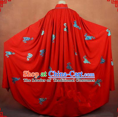 Traditional Chinese Beijing Opera Shaoxing Opera Young Lady Clothing Red Cloak, China Peking Opera Diva Role Hua Tan Costume Embroidered Auspicious Clouds Mantle