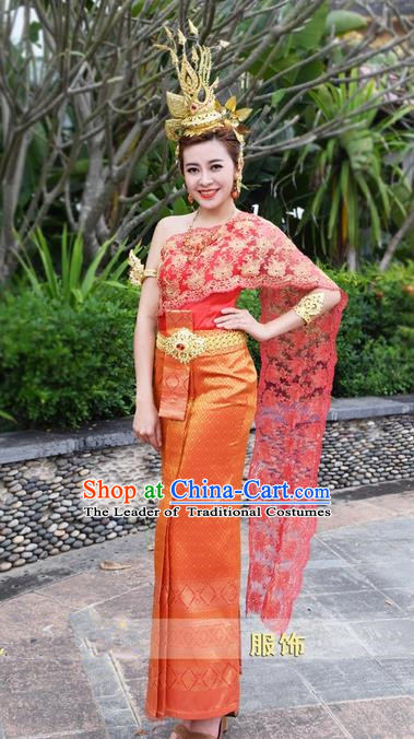 Traditional Traditional Thailand Female Bride Clothing, Southeast Asia Thai Ancient Costumes Dai Nationality Water-Sprinkling Festival Red Wedding Sari Dress for Women