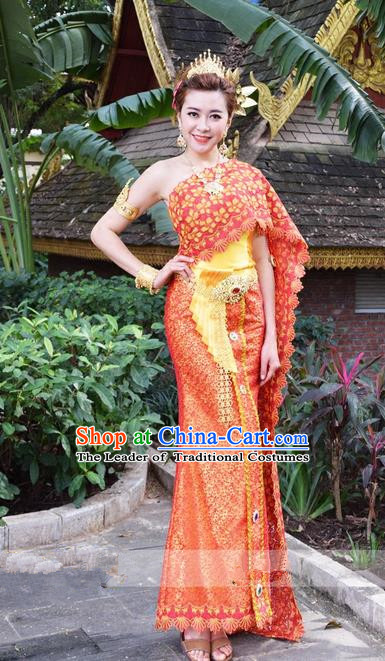 Traditional Traditional Thailand Princess Clothing, Southeast Asia Thai Ancient Costumes Dai Nationality Wedding Red Sari Dress for Women