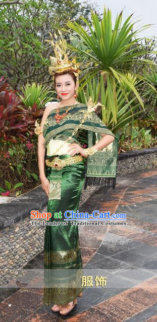 Traditional Traditional Thailand Princess Clothing, Southeast Asia Thai Ancient Costumes Dai Nationality Wedding Green Sari Dress for Women