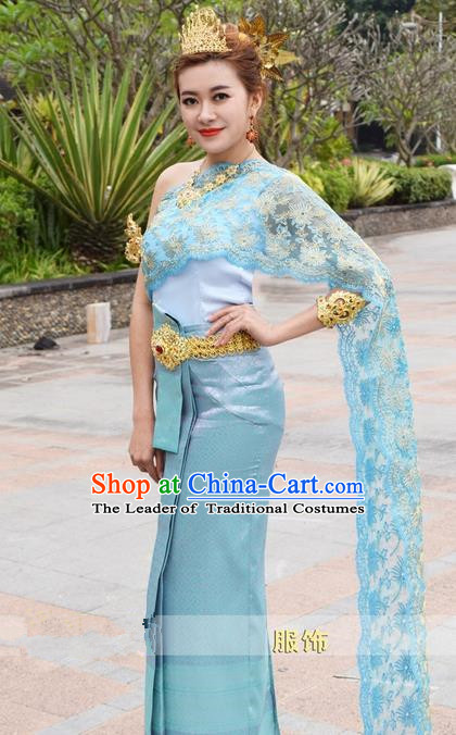 Traditional Traditional Thailand Female Bride Clothing, Southeast Asia Thai Ancient Costumes Dai Nationality Water-Sprinkling Festival Blue Wedding Sari Dress for Women
