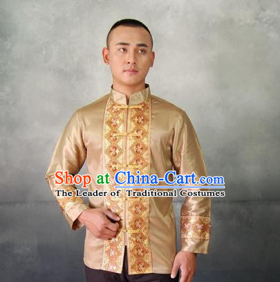 Traditional Traditional Thailand Male Clothing, Southeast Asia Thai Ancient Costumes Dai Nationality Golden Shirt for Men
