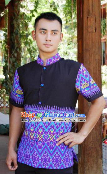 Traditional Traditional Thailand Male Clothing, Southeast Asia Thai Ancient Costumes Dai Nationality Printing Blue Shirt for Men