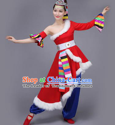 Traditional Chinese Zang Nationality Dance Costume, Folk Dance Ethnic Clothing Suit, Chinese Tibetan Minority Nationality Red Dress for Women