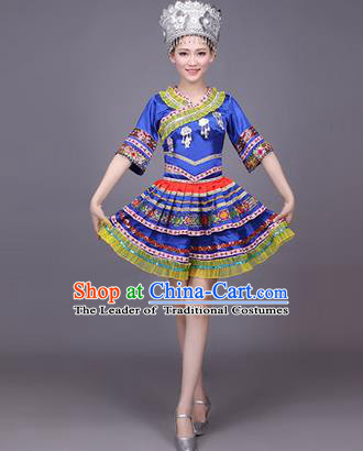 Traditional Chinese Miao Nationality Dance Costume, Hmong Female Folk Dance Ethnic Pleated Skirt, Chinese Minority Nationality Embroidery Blue Dress for Women