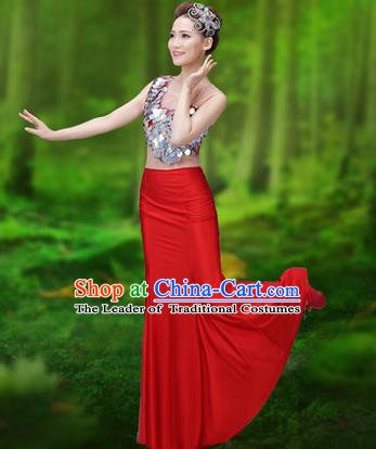 Traditional Chinese Dai Nationality Peacock Dance Costume, Folk Dance Ethnic Pavane Clothing, Chinese Minority Nationality Dance Red Dress for Women