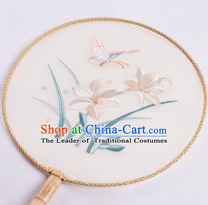 Traditional Chinese Ancient Silk Embroidered Orchids Round Fans for Women