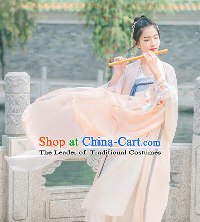 Traditional Chinese Tang Dynasty Young Lady Costume, Elegant Hanfu Clothing Embroidered Wide Sleeve Pink Cardigan, Chinese Ancient Princess Clothing for Women