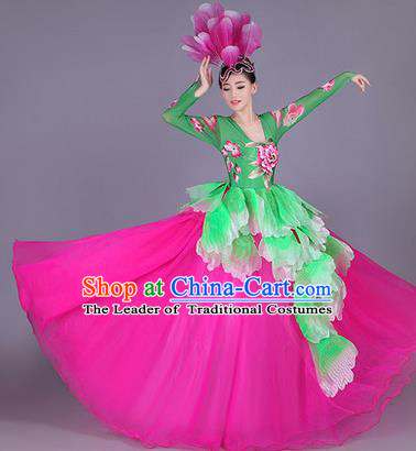 Top Grade China Opening Dance Costume, Female Chorus Classical Dance Dress, Chinese Modern Dance Big Swing Peony Bubble Dress for Women