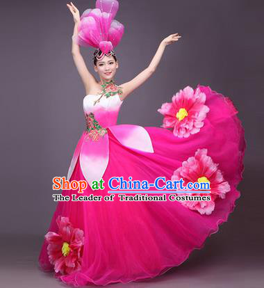 Top Grade China Opening Dance Costume, Female Chorus Classical Dance Dress, Chinese Modern Dance Big Swing Peony Pink Bubble Dress for Women