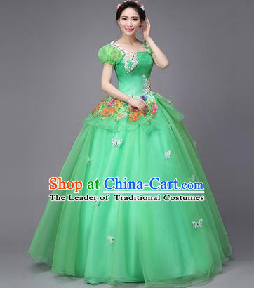 Traditional Chinese Modern Dance Compere Performance Costume, China Opening Dance Chorus Full Dress, Classical Dance Big Swing Green Veil Bubble Dress for Women