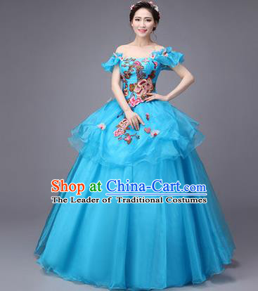 Traditional Chinese Modern Dance Compere Performance Costume, China Opening Dance Chorus Full Dress, Classical Dance Big Swing Blue Dress for Women