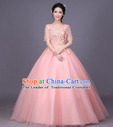 Traditional Chinese Modern Dance Compere Performance Costume, China Opening Dance Chorus Bride Wedding Pink Full Dress, Classical Dance Big Swing Bubble Dress for Women