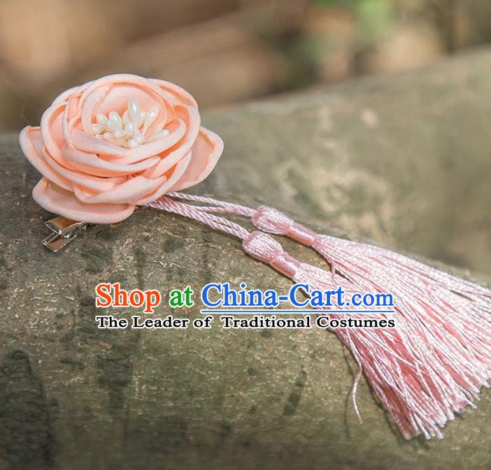 Traditional Chinese Ancient Wedding Hair Accessories, China Hanfu Pink Flowers Tassel Hairpins for Women