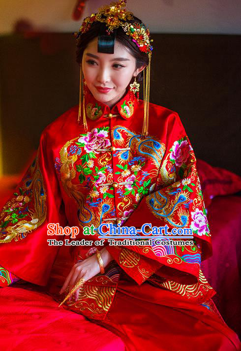 Traditional Chinese Wedding Costume Xiuhe Suits Wedding Red Suit, Ancient Chinese Bride Toast Dress Hand Embroidered Peony Phoenix Clothing Longfeng Flown for Women