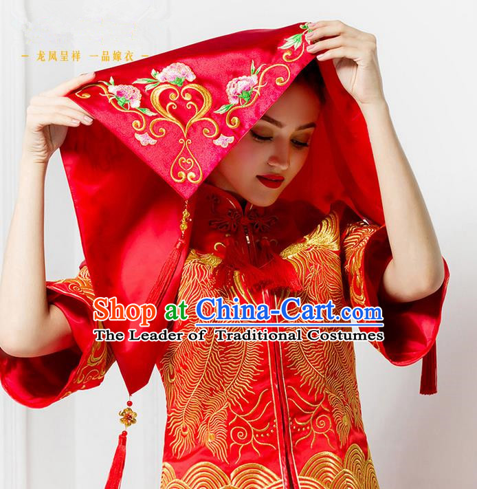 Traditional Chinese Wedding Costume Xiuhe Red Veil, Ancient Chinese Bride Embroidered Red Head Cover for Women