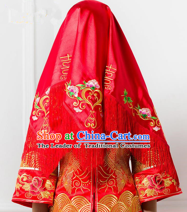 Traditional Chinese Wedding Costume Xiuhe Red Bridal Veil, Ancient Chinese Bride Embroidered Peony Tassel Red Head Cover for Women