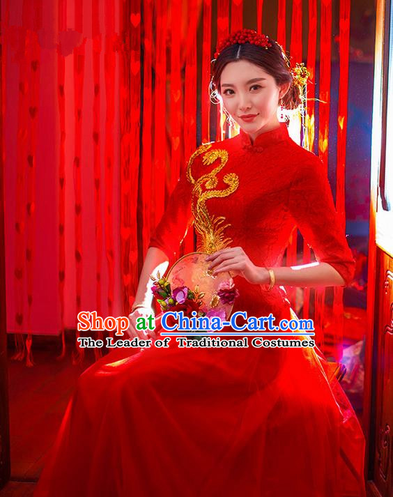 Traditional Chinese Wedding Costume Xiuhe Wedding Red Clothing Longfeng Flown, Ancient Chinese Bride Toast Embroidered Dragon and Phoenix Lace Cheongsam Dress for Women