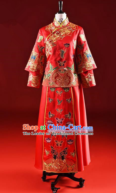 Traditional Chinese Wedding Costume XiuHe Suit Clothing Longfeng Flown Wedding Dress, Ancient Chinese Bride Hand Embroidered Butterfly Cheongsam Dress for Women