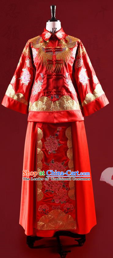 Traditional Chinese Wedding Costume XiuHe Suit Clothing Longfeng Flown Wedding Dress, Ancient Chinese Bride Hand Embroidered Peony Cheongsam Dress for Women