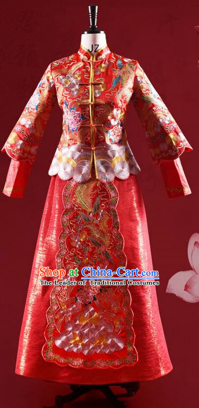 Traditional Chinese Wedding Costume XiuHe Suit Clothing Longfeng Flown Wedding Full Dress, Ancient Chinese Bride Hand Embroidered Cheongsam Dress for Women