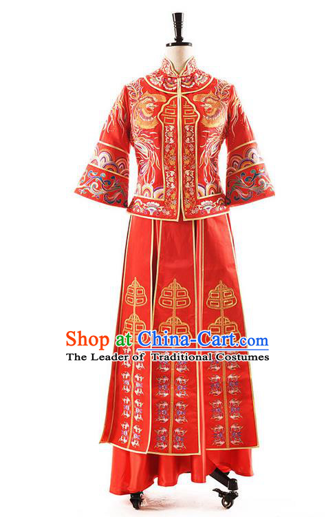 Traditional Chinese Wedding Costume XiuHe Suit Clothing Longfeng Flown Wedding Red Full Dress, Ancient Chinese Bride Hand Embroidered Cheongsam Dress for Women