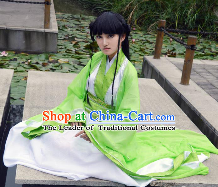 Traditional Chinese Cosplay Young Lady Costume, Chinese Ancient Hanfu Han Dynasty Princess Green Dress Clothing for Women