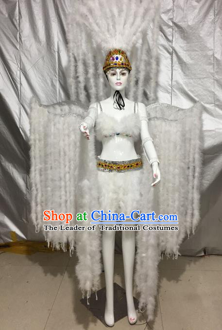 Top Grade Compere Professional Performance Catwalks Swimsuit White Costume, Children Brazilian Samba Dance Feather Formal Dress Modern Dance Fancywork Clothing for Girls Kids