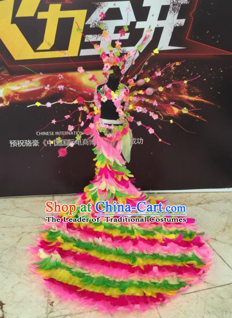 Top Grade Compere Professional Performance Catwalks Costume, Traditional Brazilian Rio Carnival Dance Fancywork Green Feather Wings Swimsuit Trailing Clothing for Kids