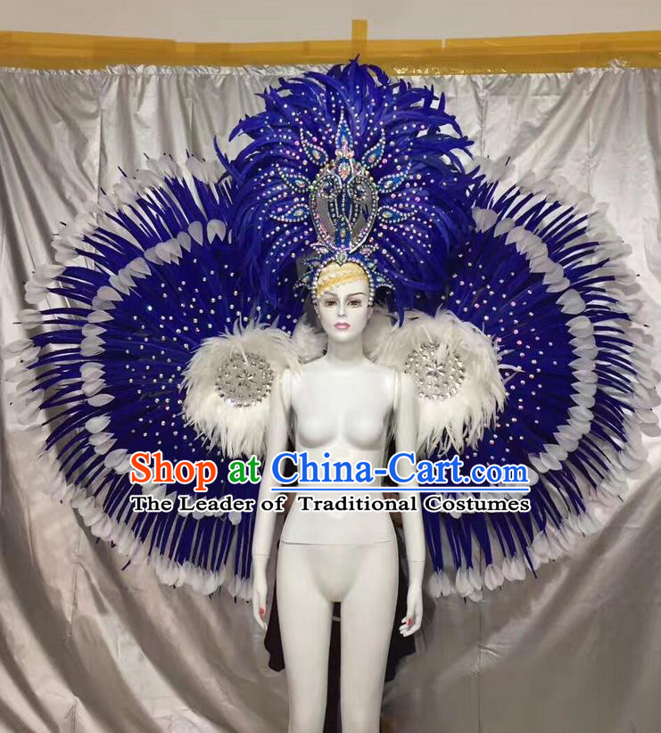 Top Grade Compere Professional Performance Catwalks Costumes Props and Headwear, Traditional Brazilian Rio Carnival Samba Opening Dance Blue Ostrich Feather Wings Suit Fancywork Clothing for Women