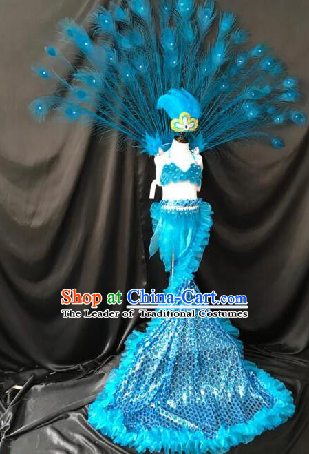 Top Grade Compere Professional Performance Catwalks Blue Peacock Feather Costumes, Traditional Brazilian Rio Carnival Samba Opening Dance Props Modern Fancywork Swimsuit Clothing for Kids