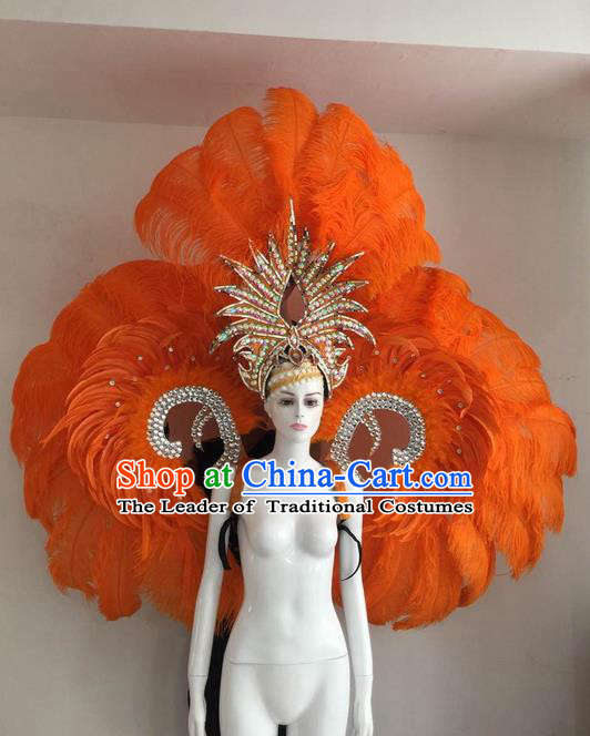 Top Grade Compere Professional Performance Catwalks Orange Feather Wings and Headpiece, Traditional Brazilian Rio Carnival Samba Opening Dance Suits Modern Fancywork Swimsuit Clothing for Women