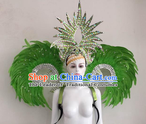 Top Grade Compere Professional Performance Catwalks Green Feather Wings and Headpiece, Traditional Brazilian Rio Carnival Samba Opening Dance Suits Modern Fancywork Swimsuit Clothing for Women