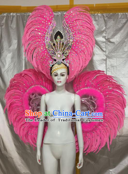 Top Grade Compere Professional Performance Catwalks Costumes and Headpiece, Traditional Brazilian Rio Carnival Samba Opening Dance Pink Feather Wings Suit Fancywork Clothing for Women