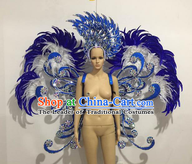 Top Grade Professional Performance Catwalks Blue Feather Butterfly Wings and Headwear, Brazilian Rio Carnival Samba Opening Dance Custom-made Customized Props Clothing for Women