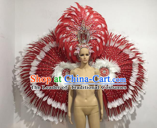 Top Grade Professional Performance Catwalks Red Feather Wings and Headwear, Brazilian Rio Carnival Samba Opening Dance Custom-made Customized Props Clothing for Women