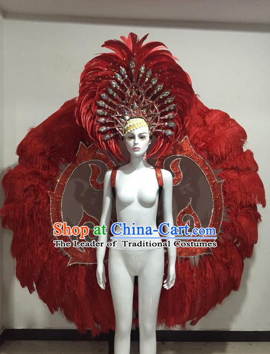 Top Grade Compere Professional Performance Catwalks Red Feather Wings Costume and Headpiece Accessories Decorations, Traditional Brazilian Rio Carnival Samba Opening Dance Suits Modern Fancywork Clothing for Women