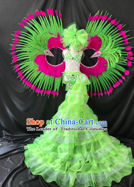 Top Grade Professional Performance Catwalks Swimsuit Costume and Headpiece, Children Modern Dance Modern Fancywork Long Trailing Green Dress for Kids