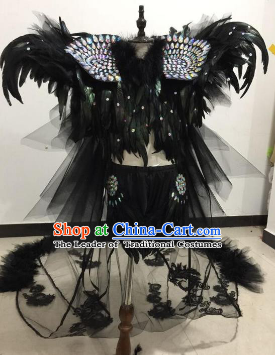 Top Grade Professional Performance Catwalks Swimsuit Black Feather Costume and Headpiece, Children Modern Dance Modern Fancywork Long Trailing Clothing for Kids