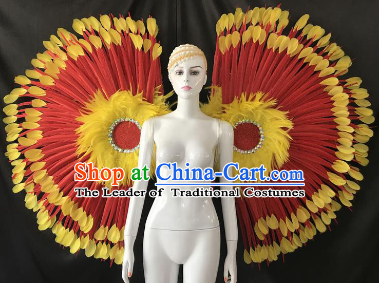 Top Grade Professional Stage Show Catwalks Red Feather Wings, Brazilian Rio Carnival Samba Opening Dance Custom-made Customized Props Clothing for Women