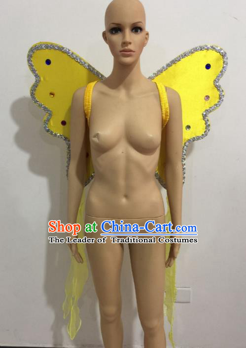 Top Grade Professional Stage Show Catwalks Halloween Yellow Butterfly Wings, Brazilian Rio Carnival Samba Opening Dance Custom-made Customized Backboard Accessories Props for Women