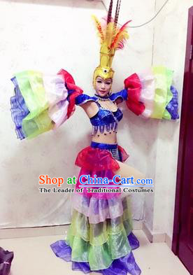 Top Grade Professional Stage Show Catwalks Halloween Dance Costumes, Brazilian Rio Carnival Samba Opening Dance Dress Custom-made Customized Big Swing Clothing for Women