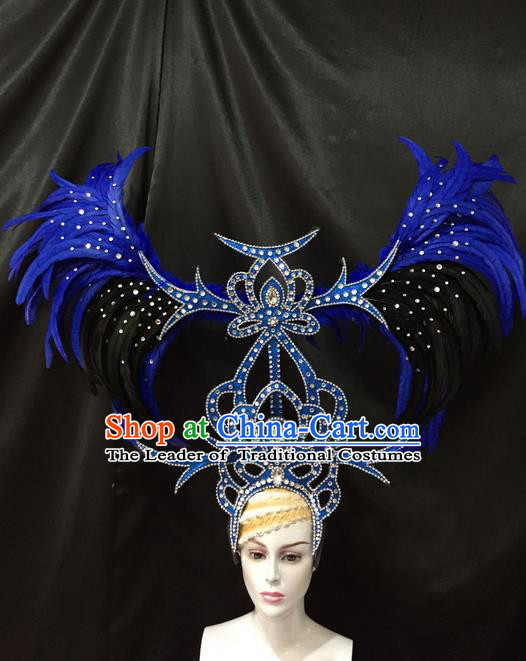 Top Grade Professional Stage Show Catwalks Brazil Parade Giant Blue Feather Headpiece, Brazilian Rio Carnival Samba Opening Dance Modern Fancywork  Big Hair Accessories Decorations for Women