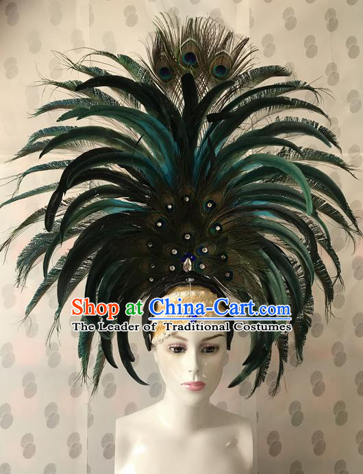 Top Grade Professional Stage Show Catwalks Brazil Parade Giant Green Feather Headpiece, Brazilian Rio Carnival Samba Opening Dance Modern Fancywork Big Head Decorations for Women