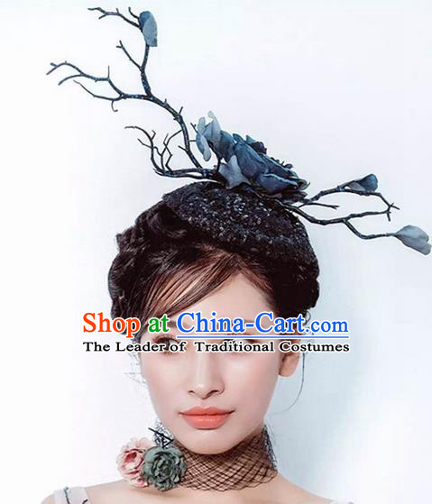 Top Grade Chinese Theatrical Luxury Headdress Ornamental Flowers Headwear, Halloween Fancy Ball Asian Traditional Headpieces Model Show Top Hat for Women