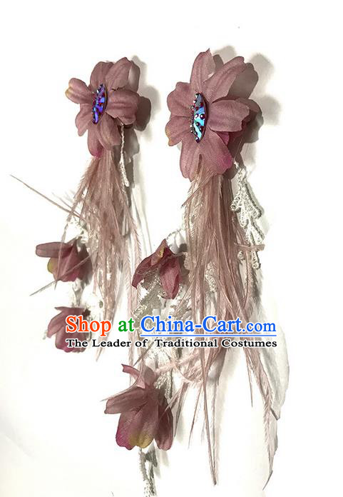 Top Grade Chinese Theatrical Luxury Flowers Earrings, Halloween Fancy Ball Asian Traditional Model Show Pink Feather Eardrop for Women