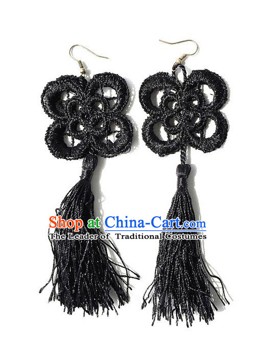 Top Grade Chinese Theatrical Luxury Lace Earrings, Halloween Fancy Ball Asian Traditional Model Show Black Tassel Eardrop for Women