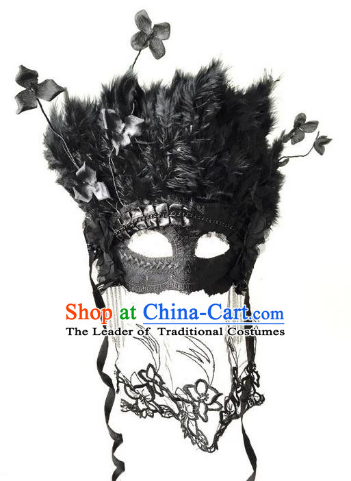 Top Grade Chinese Theatrical Luxury Headdress Ornamental Black Feather Mask, Halloween Fancy Ball Ceremonial Occasions Handmade Lace Mask Hair Accessories for Women